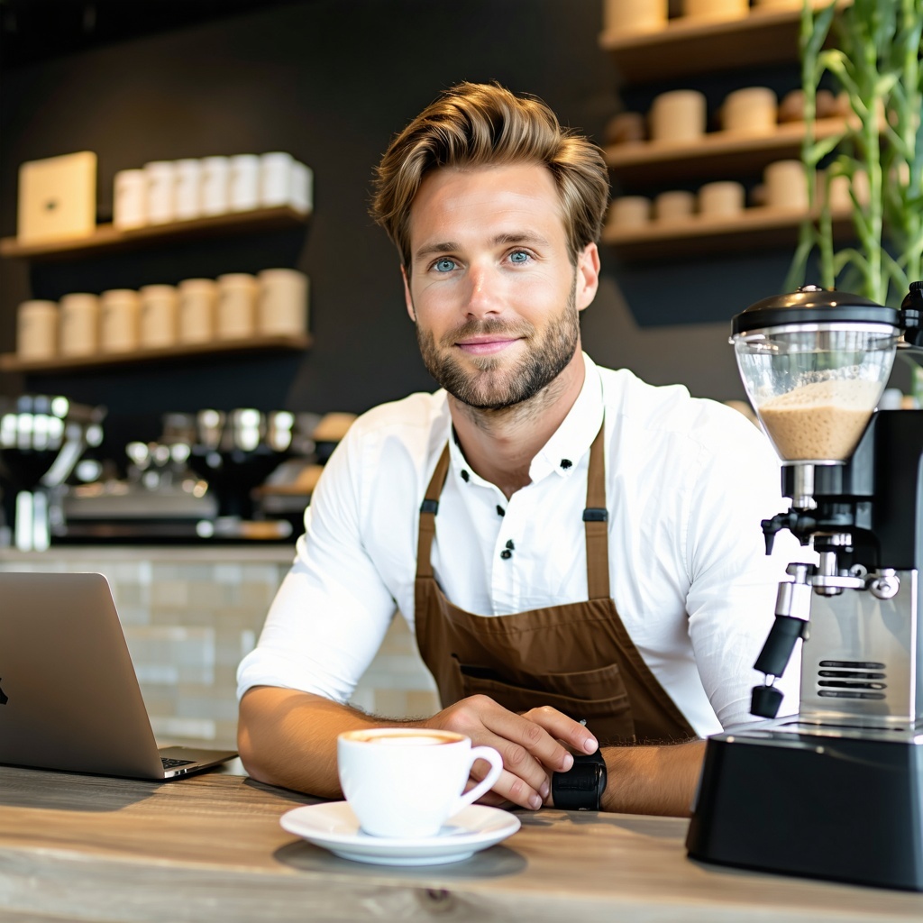 give an image of a business owner in a coffee shop