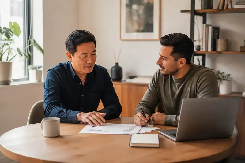 Two professionals discussing a document at a desk