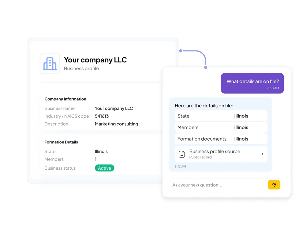 Astra listing the business profile details on file - state, members and formation documents