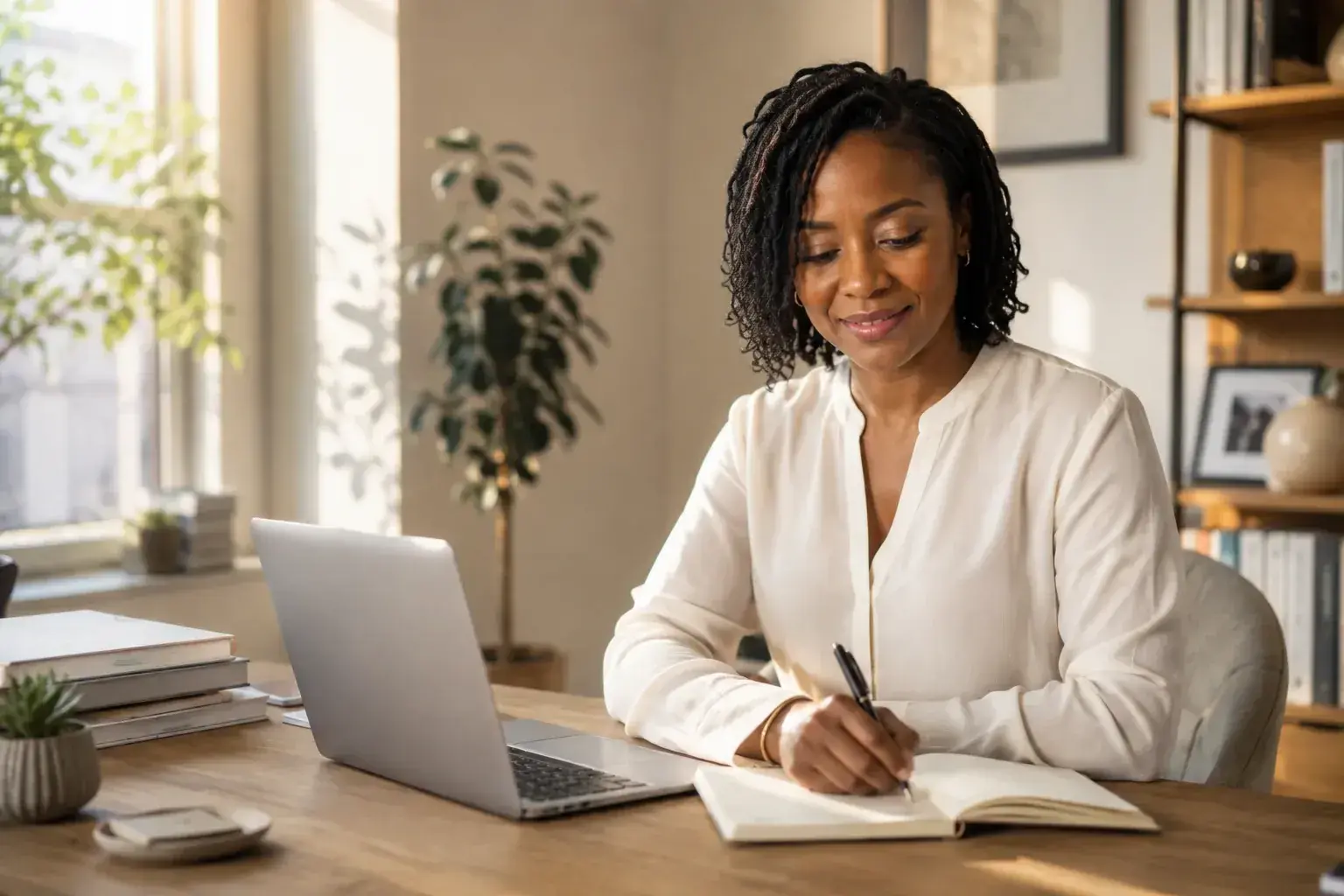 Independent consultant reviewing notes beside a laptop
