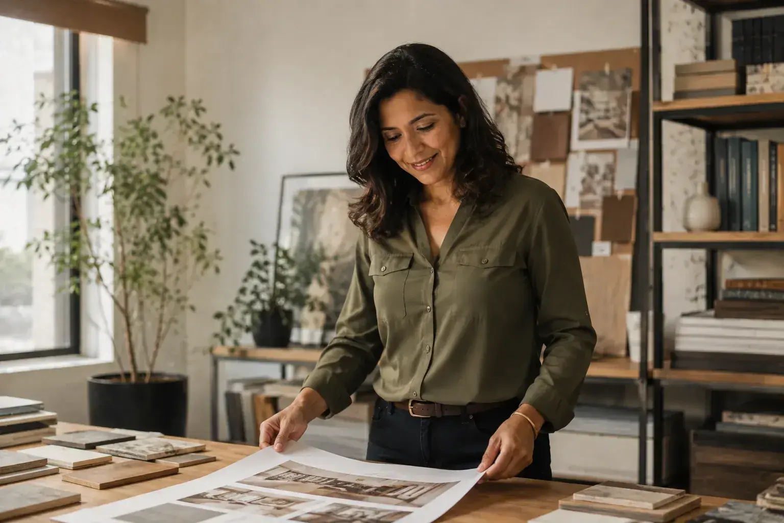 Creative business owner reviewing designs in her studio