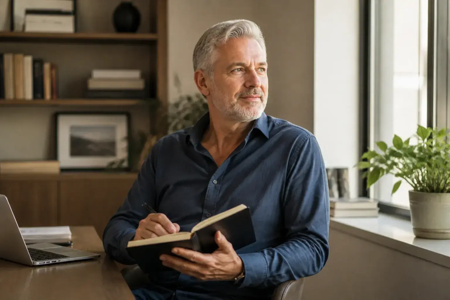 Independent professional reviewing his notebook