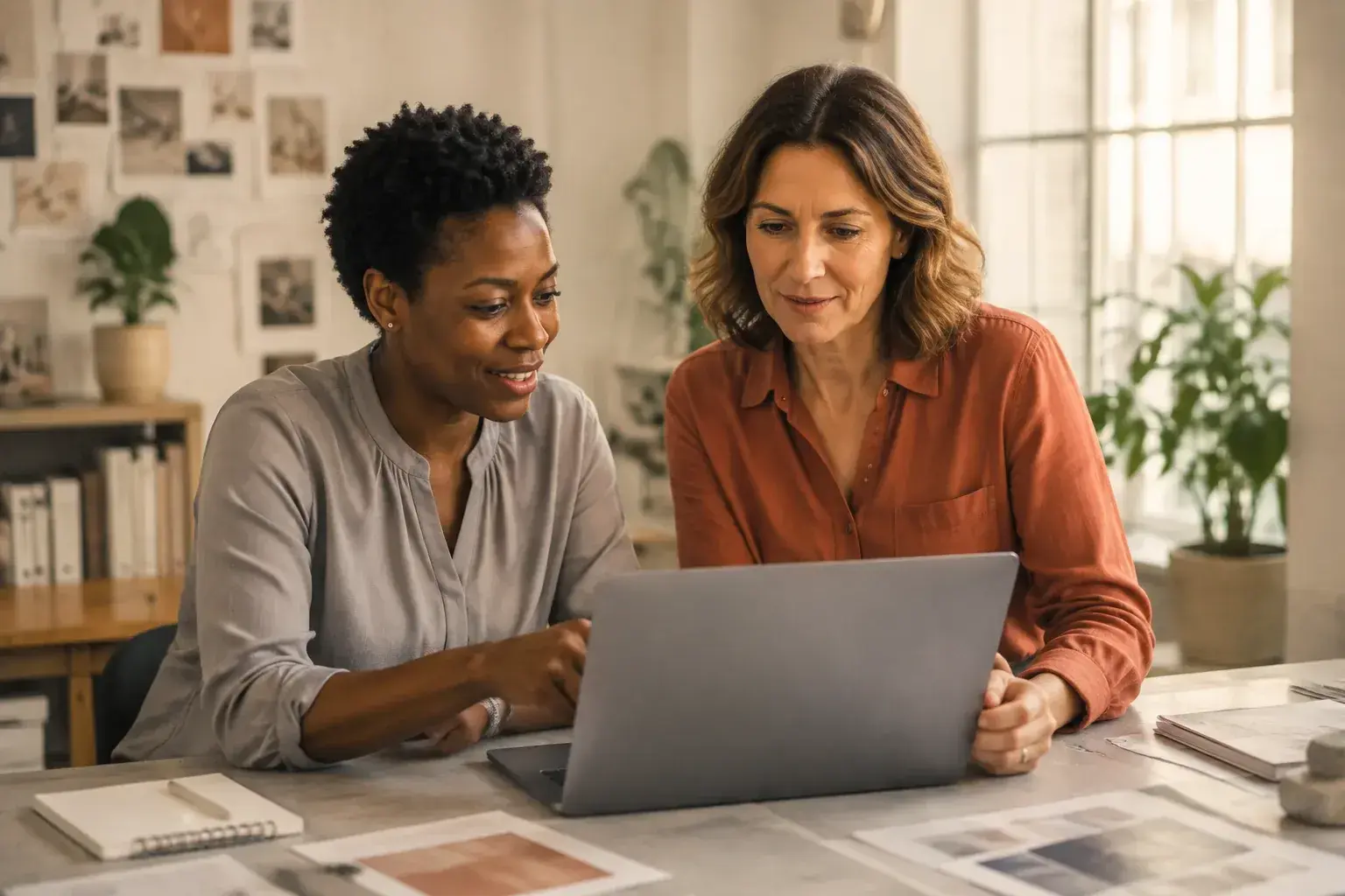 Two business owners reviewing plans together at a laptop