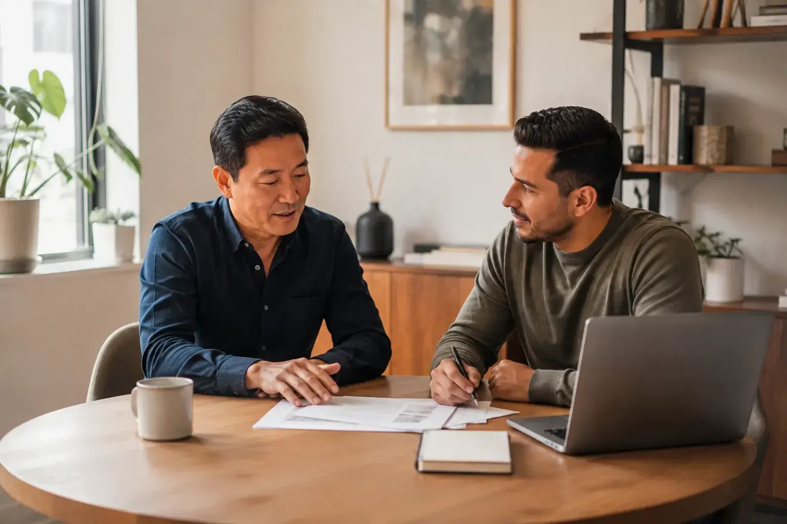 Two professionals discussing a document at a desk
