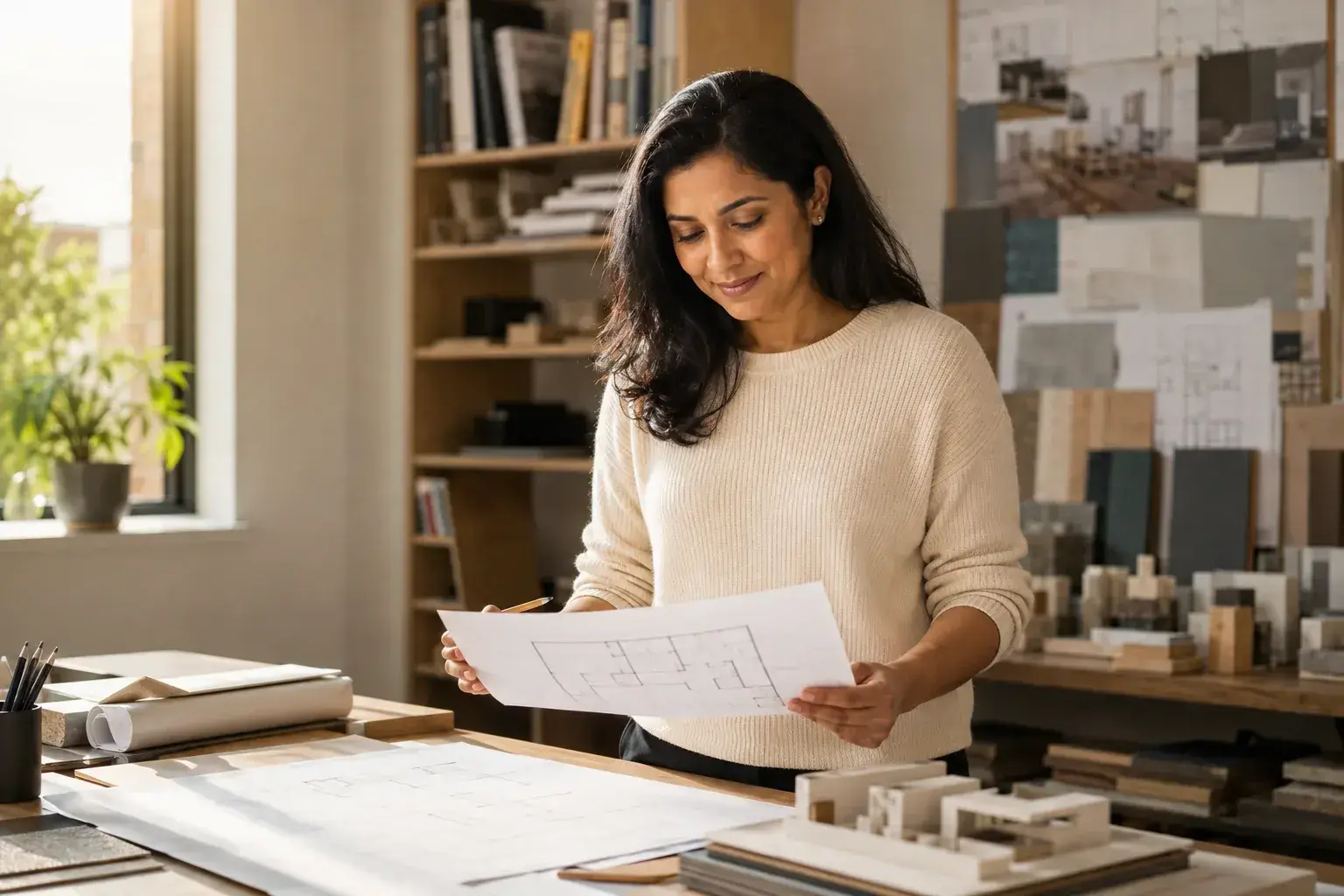 Architect reviewing drawings at her worktable