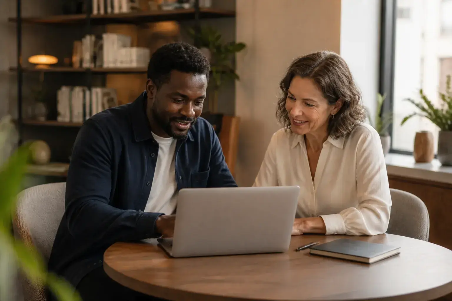 Business owner and adviser reviewing a laptop together