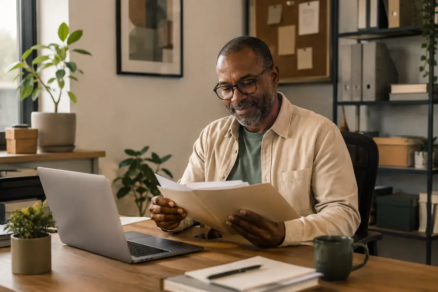 Business owner reviewing paperwork beside his laptop