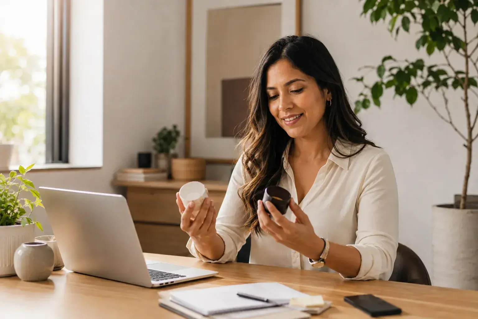 Online business owner using her phone beside a laptop