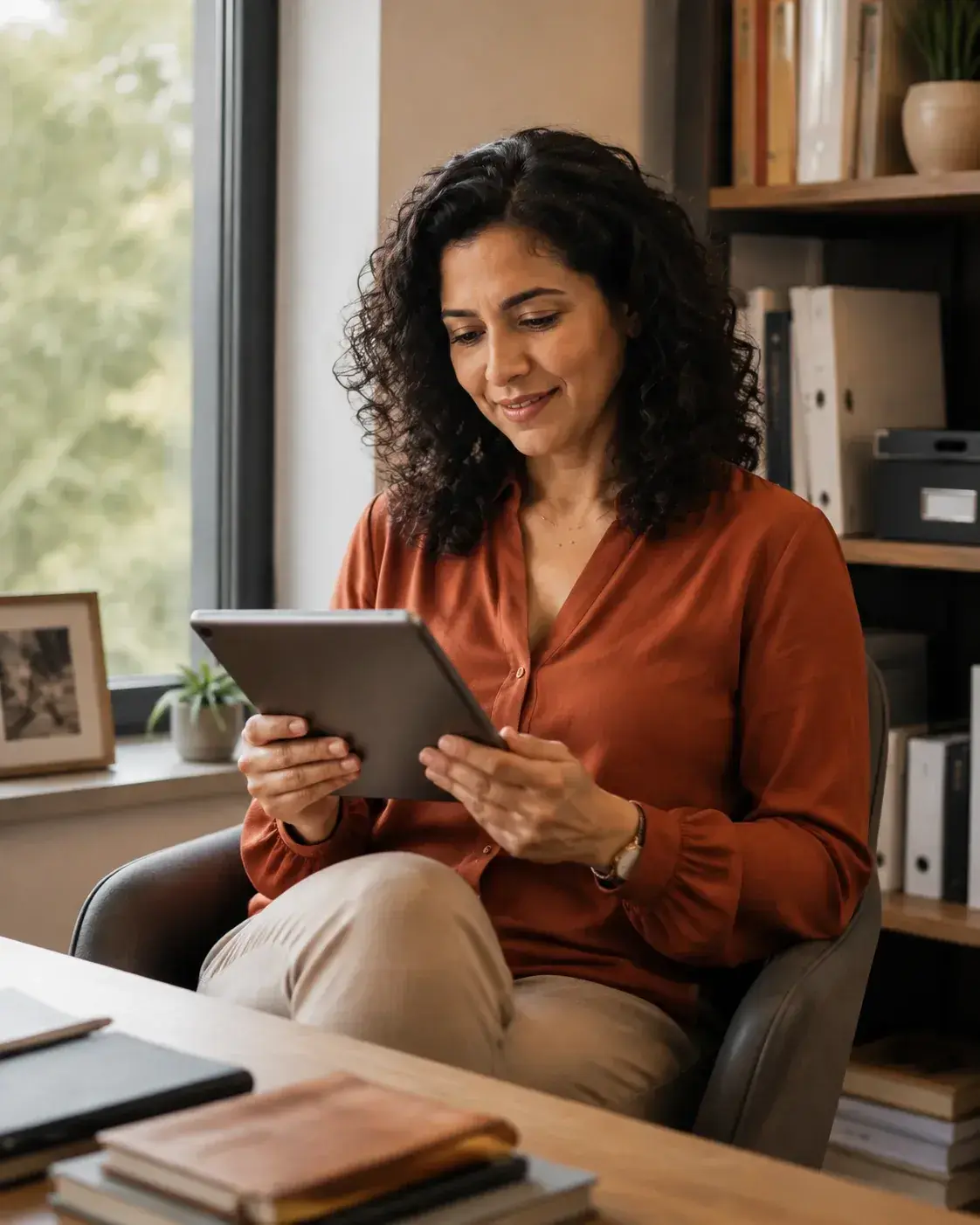 Business owner reviewing her compliance dashboard on a tablet