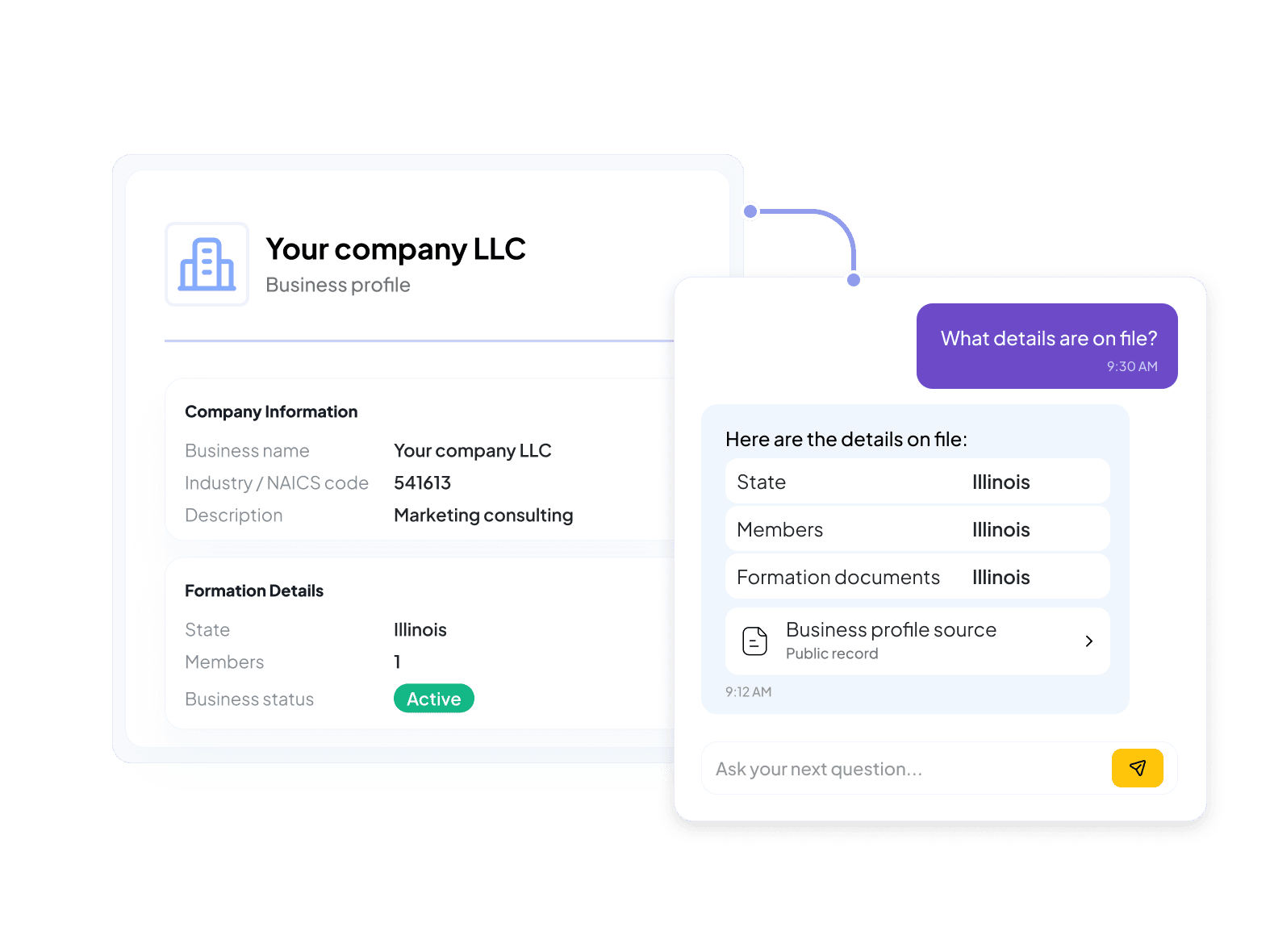 Astra listing the business profile details on file - state, members and formation documents