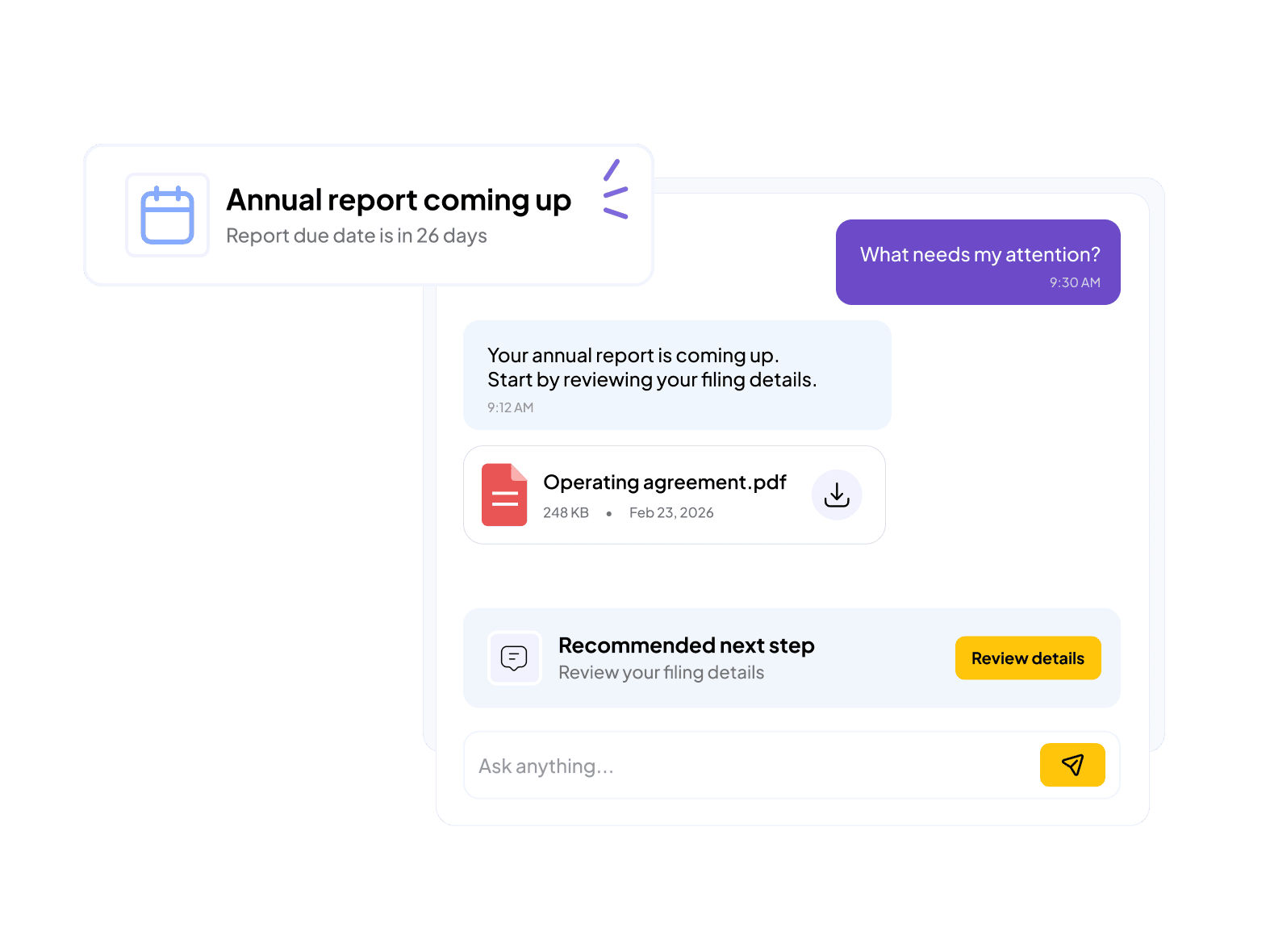 Astra flagging an upcoming annual report deadline and recommending the next step